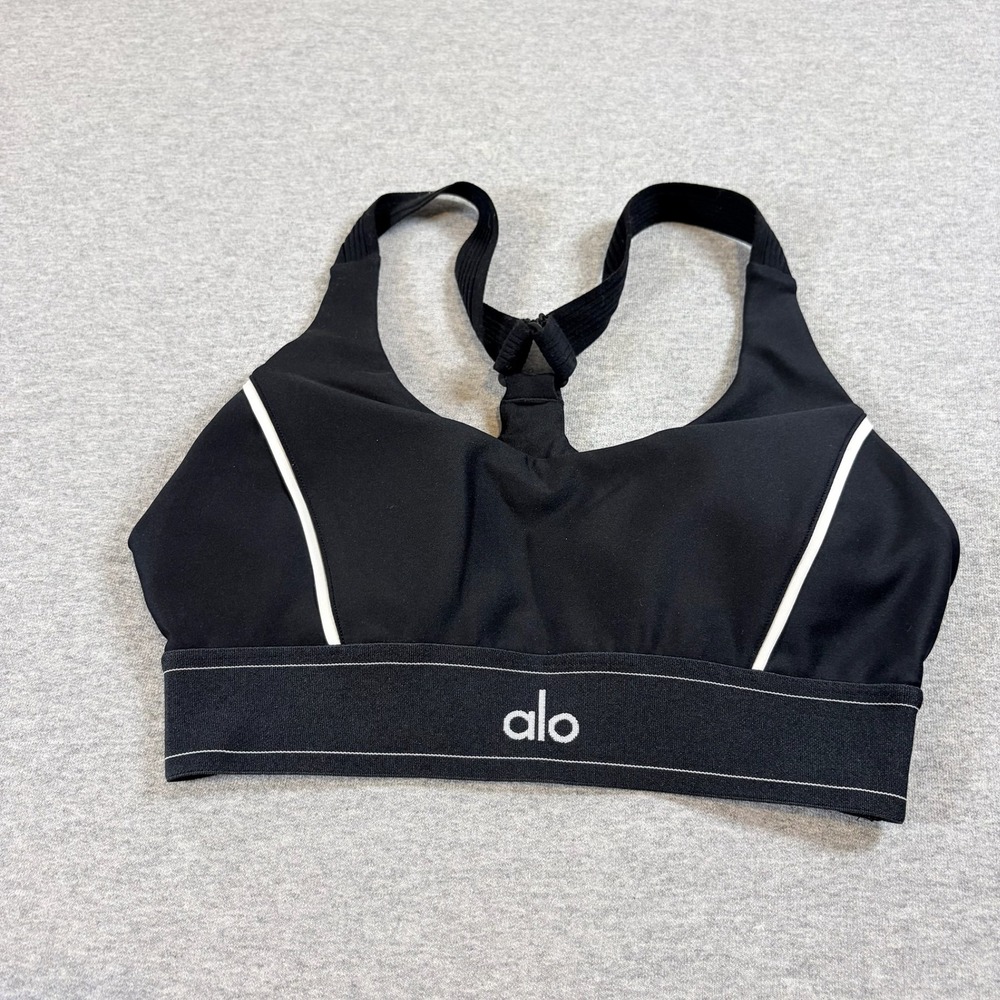 Alo Yoga Sports Bra Womens Small Black White Piping Racerback Adjustable